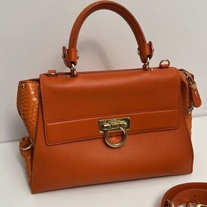 Salvatore Ferragamo Orange Leather and Python Handbag with Shoulder Strap